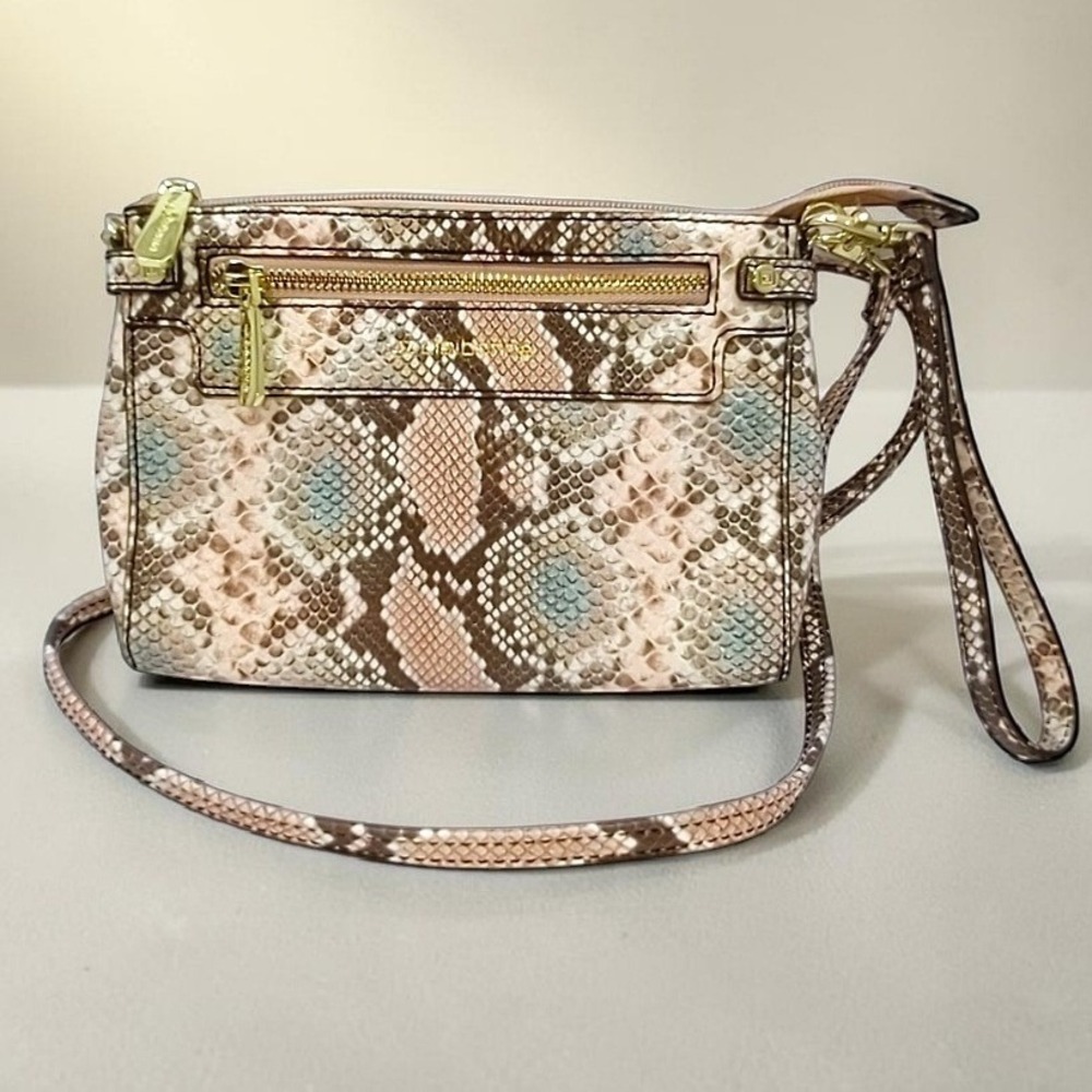 Liz Claiborne Crossbody Bag Snakeskin Print Pink Brown Blue Gold Tone Hardware